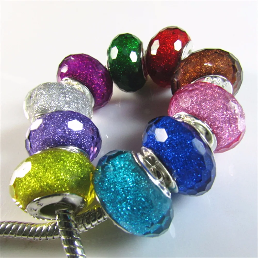 Hot Sell 30pcs/lot Gold Dust Core Murano Acrylic Lampwork Faceted Vivid Big Hole Charm Beads for European Charm Bracelet