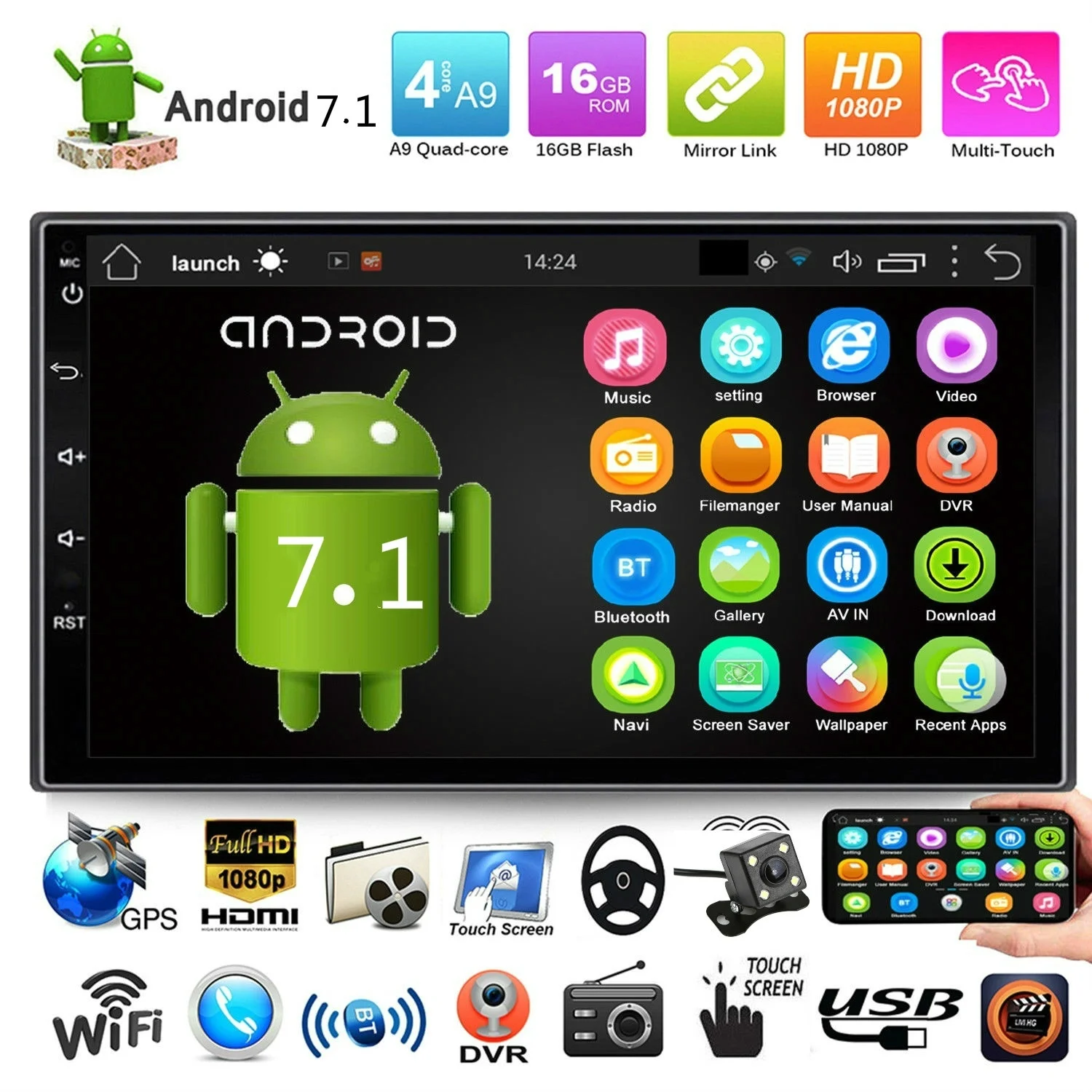Best 7 #039; #039; 2DIN Autoradio Android 7.1 WiFi GPS Quad Core Stereo Car Radio DVR MP5 Player + Camera Kam