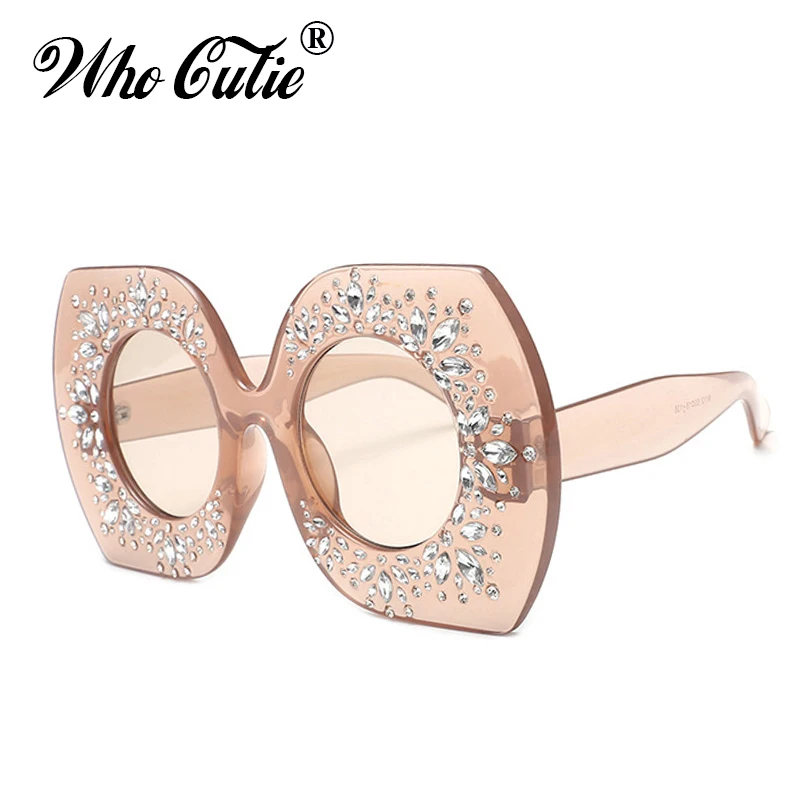 

WHO CUTIE 2018 Oversized Square Crystal Sunglasses Women Designer Rhinestone Frame Round Lens Female Sun Glasses Shades OM538