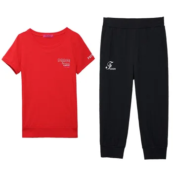 

Rlyaeiz Korean 4XL Fashion 2 Piece Set Women Sporting Wear 2019 Summer Casual Letter T shirt + Calf-length Pants Woman Tracksuit