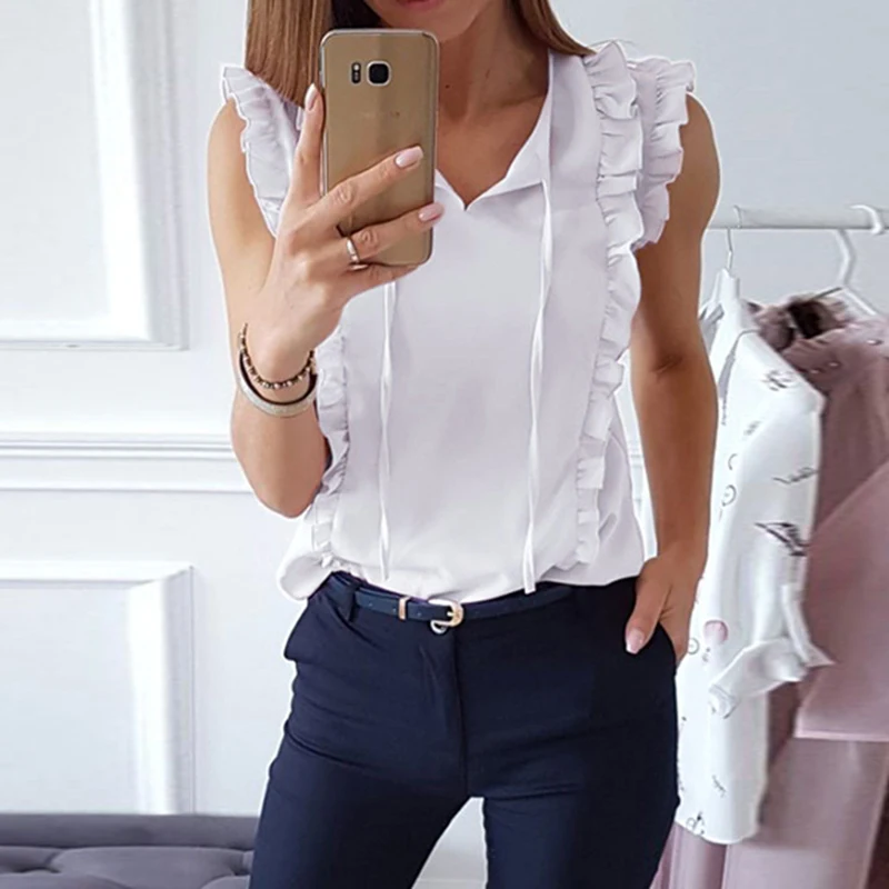 

2019 Summer Office Ladies Work White Casual Tank Tops Womens Sexy Sleeveless Fashion Solid Lace Up Ruffle Vest Camisole Femme
