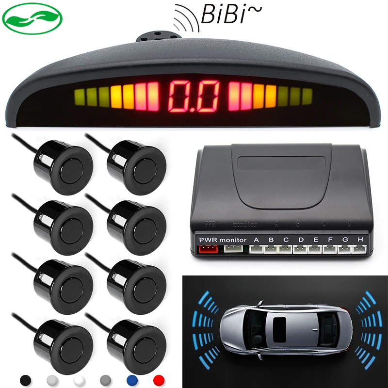 Sensor de estacionamiento de coche de Vista frontal trasera prueba de intemperie 8 sensores Kit de de respaldo inverso con Monitor de pantalla LED para aparcamiento de coche sistema