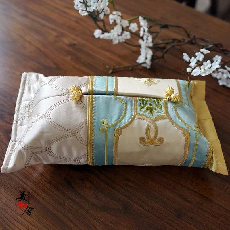 Freeshipping Tissue Box Golden European Blue Luxury Customized Wedding Room Car Hotel Decorative Embroidery Napkin Holder Cover