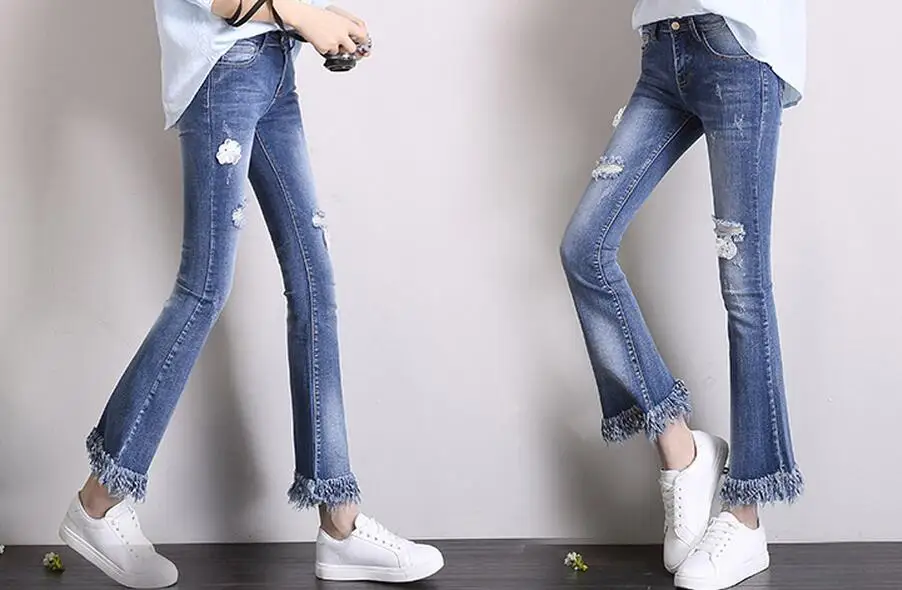 26-32 горячая весна женские новые модные обтягивающие джинсы девять точек растягивания отверстий в дыре тонкие