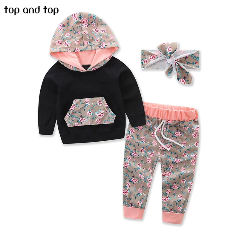 baby clothing set line Top and Top Baby Clothing Sets 2017 Winter Sports Floral Hooded Tops Pants Headband Newbron Girls 3PCS Set Baby Girls Clothes baby clothing set long sleeve