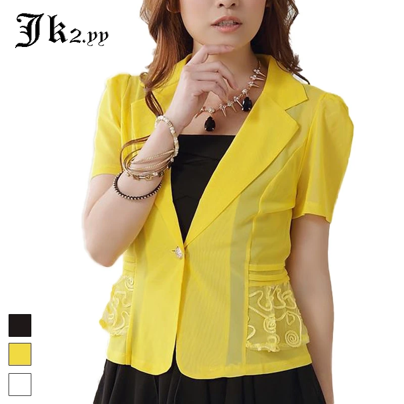 

M/L/XL Lace Patchwork Tailored Collar Chiffon Blazers With Bow Summer Short Sleeve One Button Formal Tops Slim Overcoat 9814