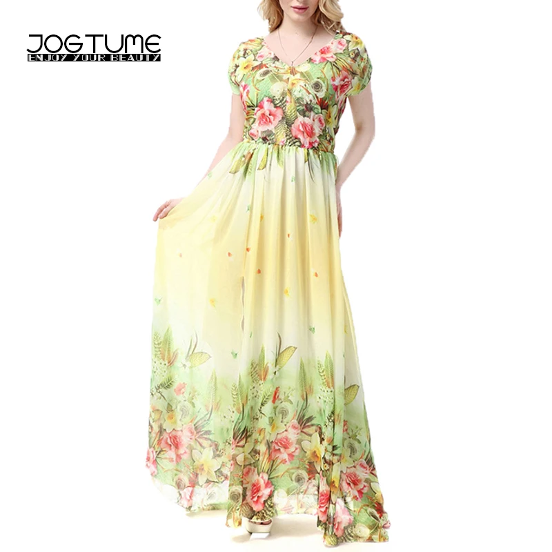 

JOGTUME 7XL 2017 Beach Casual New Fashion Light Green Women Slim Plus Size Chiffon Dress with Print,Elegant Lady Maxi Dresses