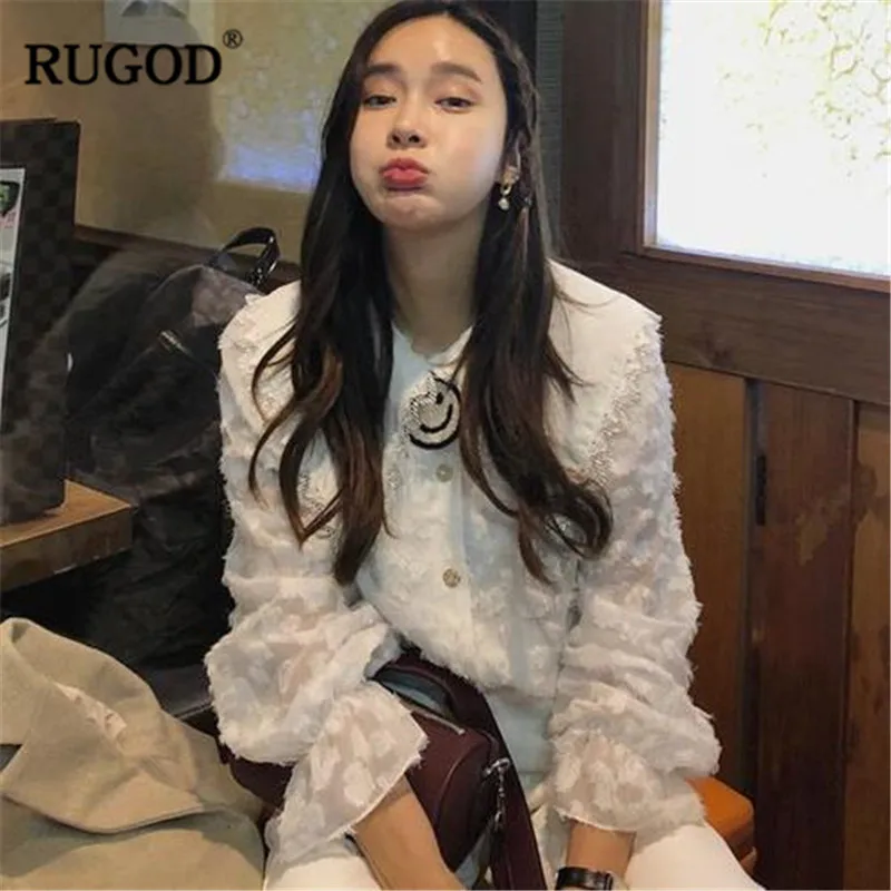 

RUGOD Korean style Flare sleeve white shirts women Casual mesh perspective chiffon blouse female Sweet Office wear haut femme