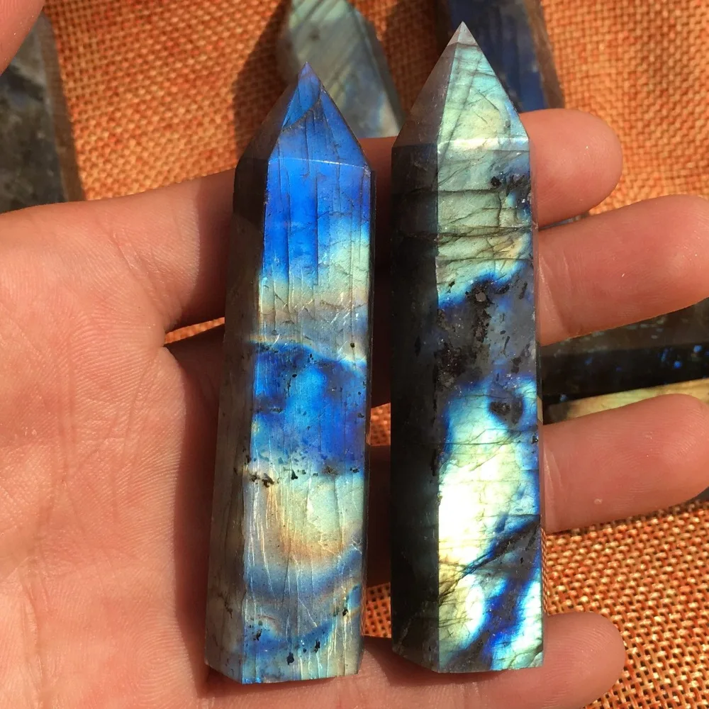 2PCS Natural Labradorite Quartz Crystal Wand Point Healing 