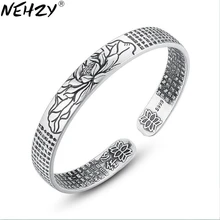 NEHZY женские роскошные брендовые серебряные ювелирные изделия винтажный этнический стиль Лотос сердце тайский серебряный браслет открывающийся регулируемый браслет