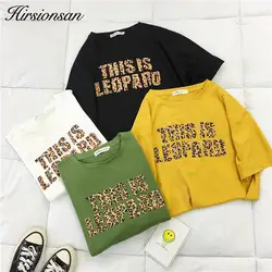 Hirsionsan леопардовая футболка Для женщин 2019 летние свободные o-образным вырезом короткий рукав топ с надписью Harajuku шик хлопок женские футболки
