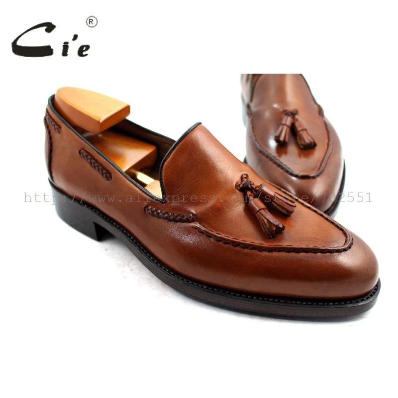 cie Free Shipping Goodyear Welted  Handmade Men's Leather Tassel Color Patina brown Goodyear welted Loafer slip-on shoe No. 32