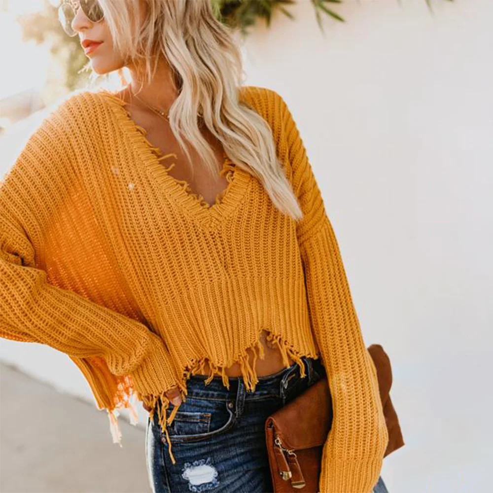 

Autumn and Winter Fashion Long Sleeve V-neck Solid Color Backless Loose Ladies Sweater