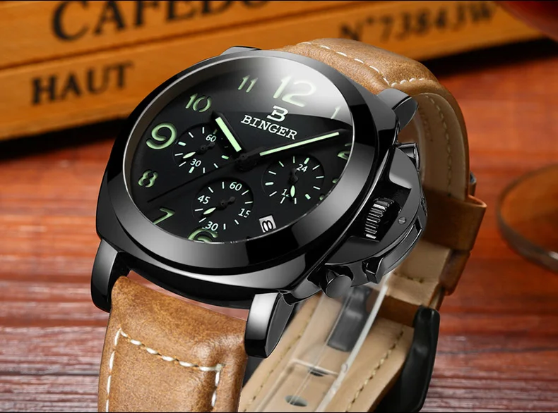 New BINGER Luxury Brand Quartz Watches Men analog chronograph Clock Men Sports Military Leather Strap Fashion Wrist Watch