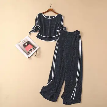 

European and American women's dress 2019 summer new style Stylish polka dot print suit Short sleeve T-shirt Wide-legged pants