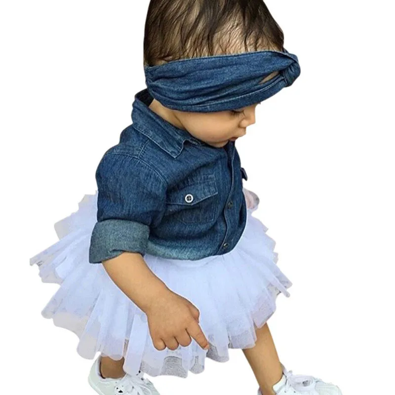 

3Pcs New Kids Baby Girls Denim Sets Long Sleeve Tops Shirt+Mesh Dress + Headband
