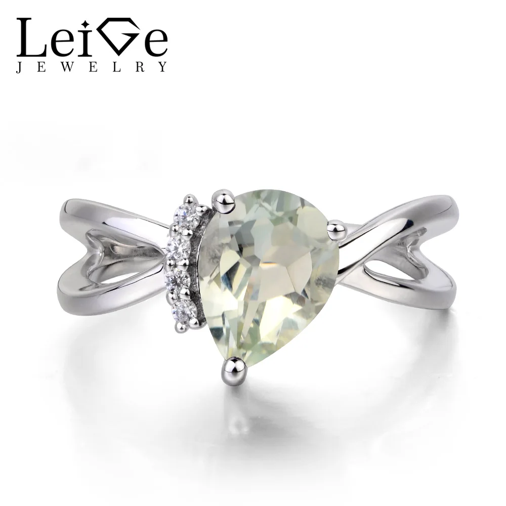 Leige Jewelry Natural Green Amethyst Ring Promise Ring Pear Cut Green Gemstone Solid 925