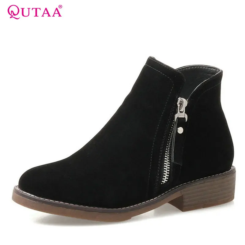 

QUTAA 2018 Fashion Women Ankle Boots Zipper High Quality Square Heel Round Toe Pu + Scrub Leather Women Boots Size 34-43