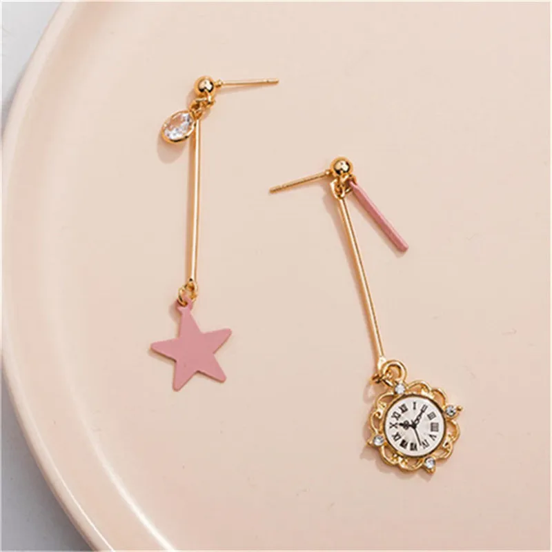 Fashion Long Asymmetry Stud Earring Cute Pink Star Clock Earrings for