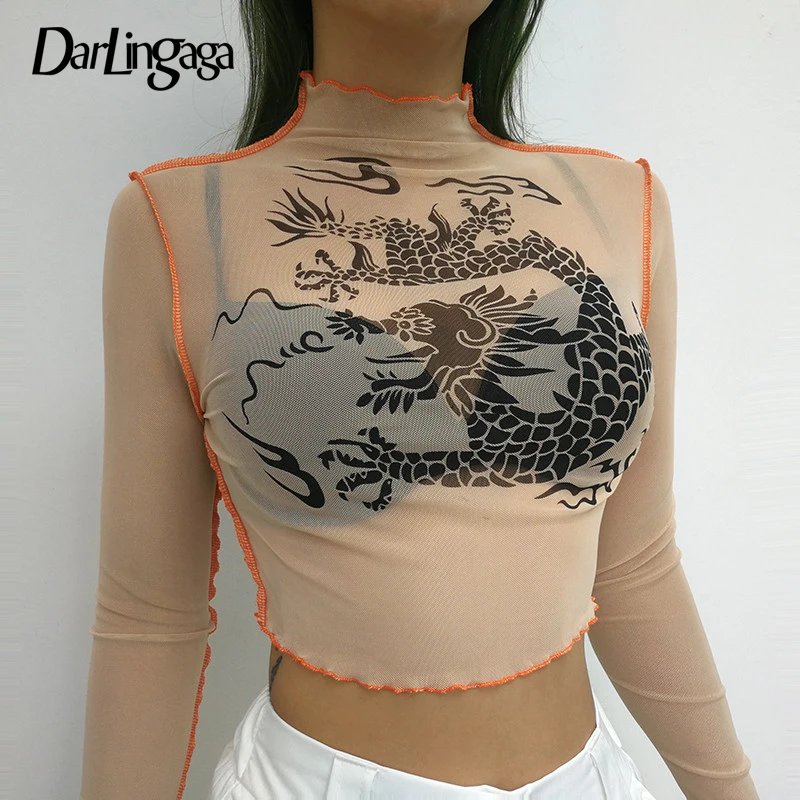 Darlingaga Fashion high neck mesh t shirt women crop tops tees Chinese ...