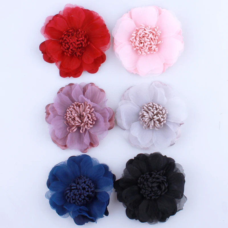 

5PCS 9CM New Tulle Silk Flower With Tissue Stamen For Wedding Headwear Accessories Fabric Flowers For Headbands