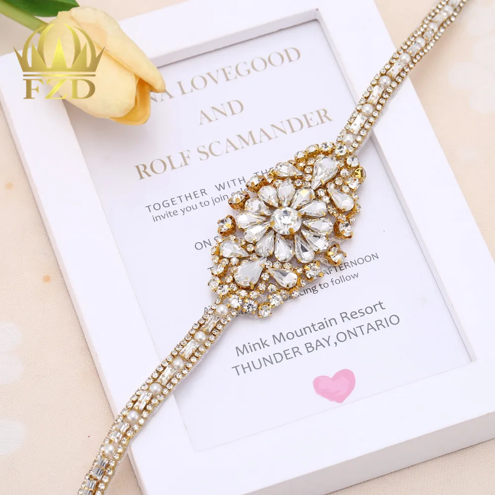 

FZD 10 Pieces Handicraft Beaded Sew On Hot Fix bridal belts gold Wedding Crystal Rhinestone Appliques Sash and Belts Decoration