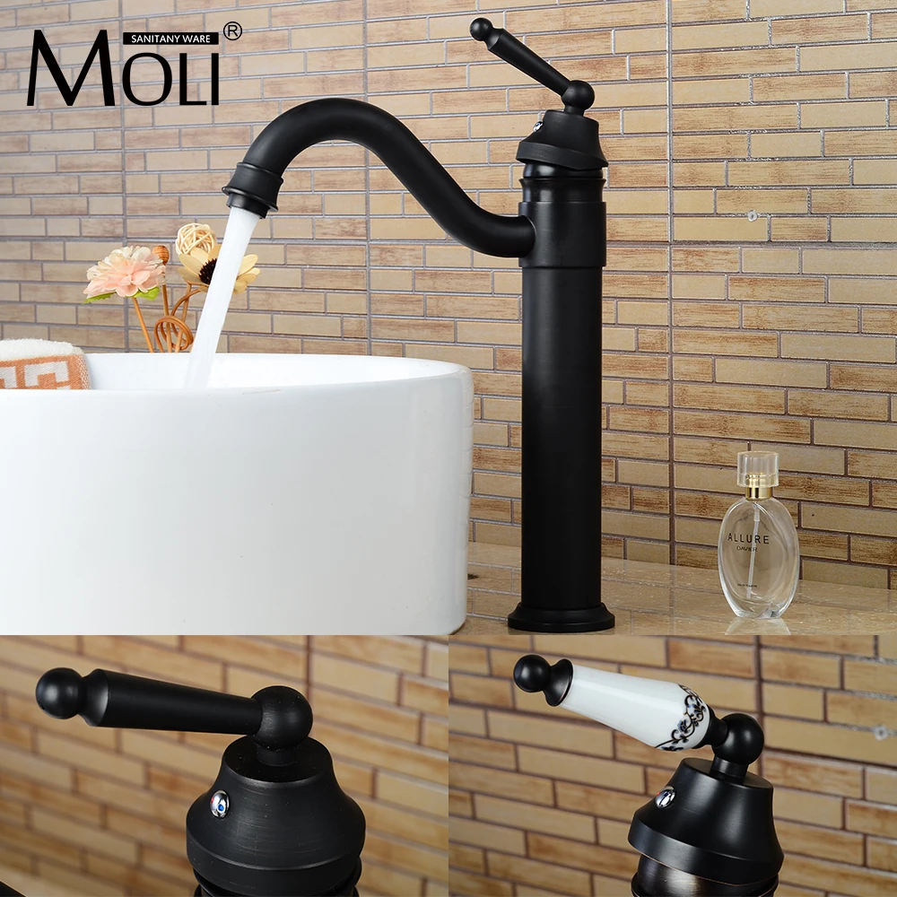 Vintage Style Bronze Black Bathroom Sink Faucets Deck Mounted Tall Vessel Basin Faucet Hot and Cold Water Mixer Taps ML5002H