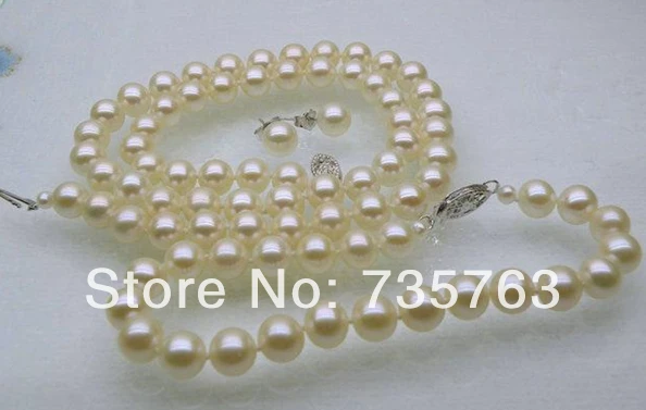 

xiuli 00261 17" 7-7.5mm AAA+ round white akoya pearl necklace bracelet earring set 14KGPT