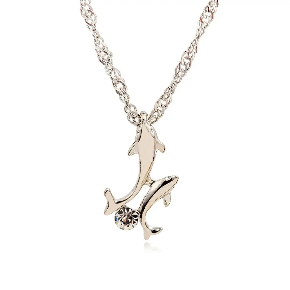 

Double Dolphin Crystal Pendant Necklaces for Women Fashion Platinum Plated Silver Necklace