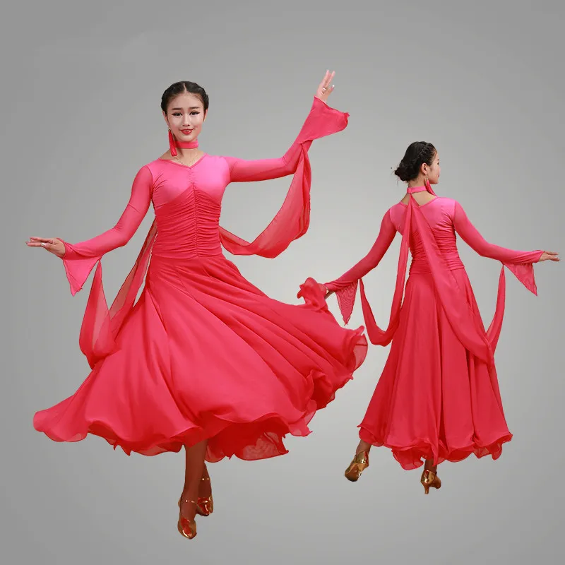 Шифоновое платье для бальных танцев с длинными рукавами для женщин, современный/Вальс/латинские танцы/танцевальная одежда