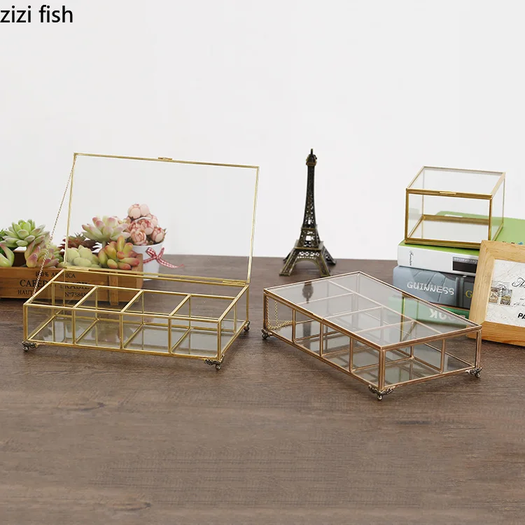 

Transparent Glass Desktop Storage Box Copper Edge Multifunction Household Storage Finishing Box Jewelry/cosmetic Box