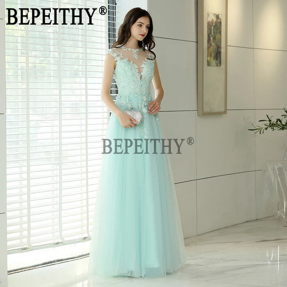 BEPEITHY vestido de festa новый дизайн с высоким воротом короткий рукав Тюль Аппликации Длинные вечерние платья 2019 новое поступление