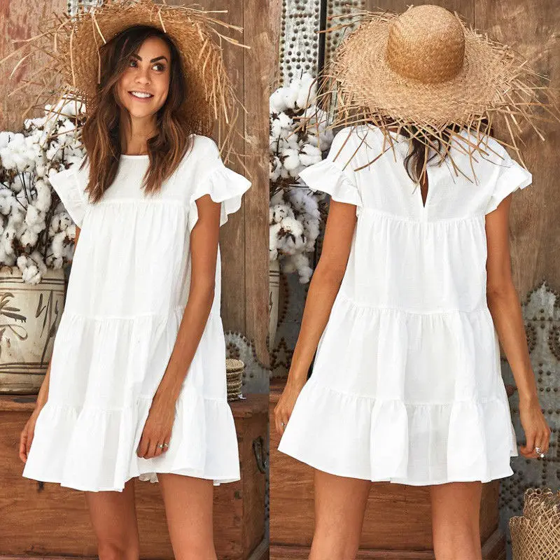 Женское милое летнее платье, 3 стиля, каскадные оборки, сплошное, лепестковое, рукав, o-образный вырез, мини-платье, размер S/M/L/XL - Цвет: Белый