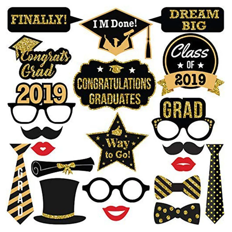 

39PCs/Set New 2019 Portable Creative Black Practical Graduation Photo Props Kit Photobooth Graduation Party Decoration Supplies