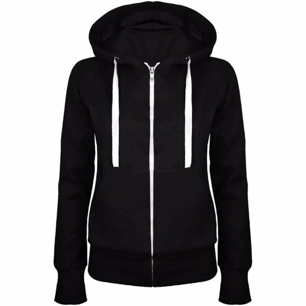 Solid Women Sweatshirt Hoodies Zipper Autumn Spring New Fashion Casual Black Hooded Sweatshirt Long Sleeve Coat Pullovers