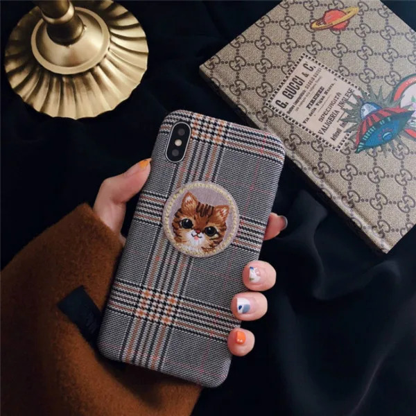 Cyato Симпатичные сетка с вышивкой кота оленя чехол для телефона для iphone X case теплый шерстяной чехол для iphone XS Max XR 7 8 Plus защитный чехол - Цвет: розовато-Серый