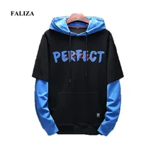 FALIZA New Spring Mens Hoodies Pullover Fake Two Pieces Hoodie Long Sleeve Hoodie Letter Printing Casual Male Sweatshirts WY116 long sleeve two tone pullover hoodie