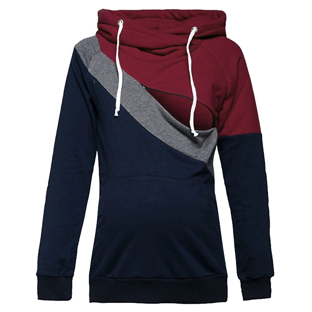 Plus Size Pregnancy Nursing Long Sleeves Maternity Clothes Hooded Breastfeeding Tops Patchwork T-shirt for Pregnant Women