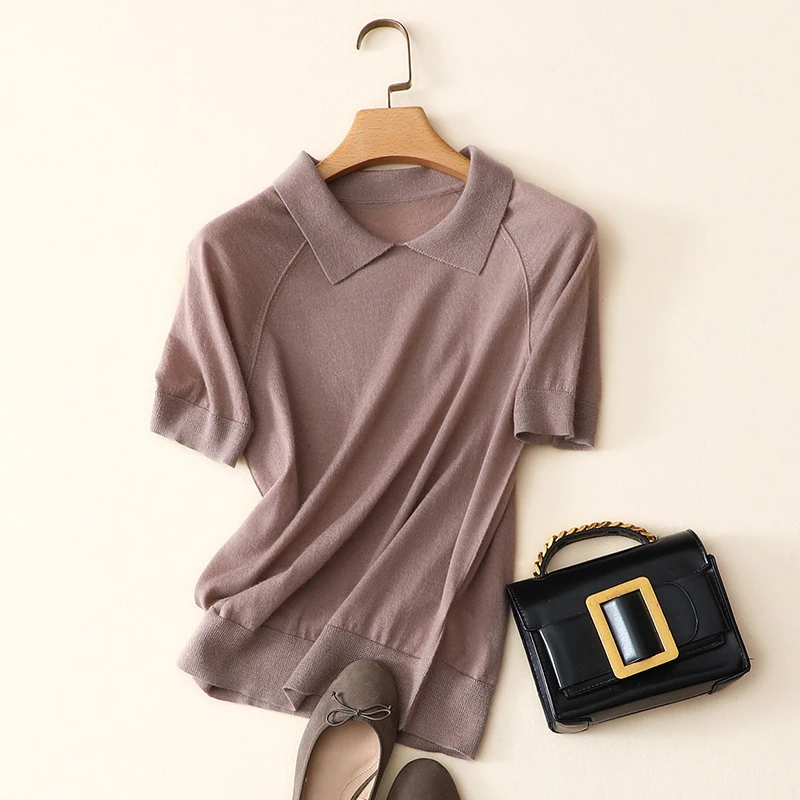 

2019 New 100% Cashmere Short Sleeve Sweater Women Polo Collar Spring Summer Styles Knitted Thin Pullover Jumper Ladies Top