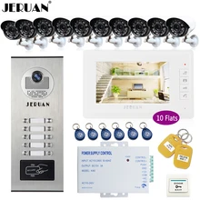JERUAN 7“ Video Doorbell Intercom system Kit RFID Access Entry Security Kit For 10 Apartment Camera +10 CCTV Analog Cameras