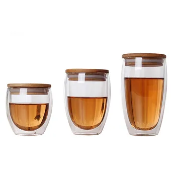 

Double Wall Glass Tea Cup Coffee Mugs Transparent Insulation Glasses Cups With Bamboo Lid Creative Vaso Caneca Beer Wine Verre