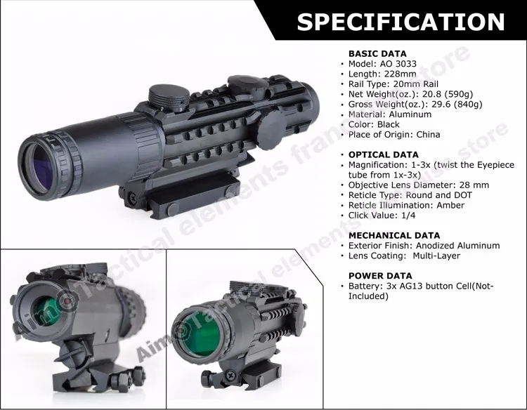 Aim-O охотничий 1-3x28 прицел желтый с подсветкой дальномер Сетка воздушный охотничий прицел для охотничьих винтовок оптический прицел AO3033