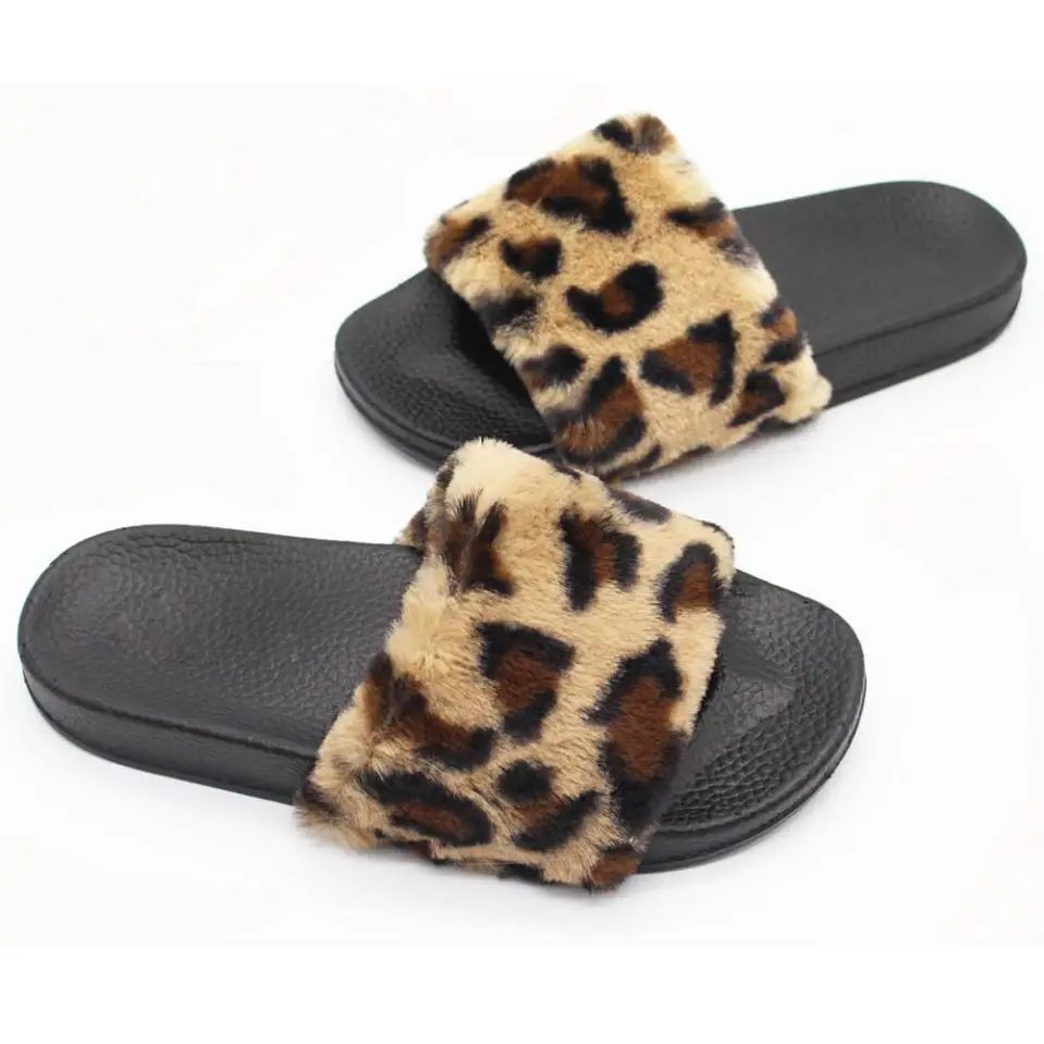 

Women fashion Slippers Leopard Fluffy Faux Fur Flat Slipper Flip Flop Sandal lady Shoes Zapatos Mujer female Slip On Sliders