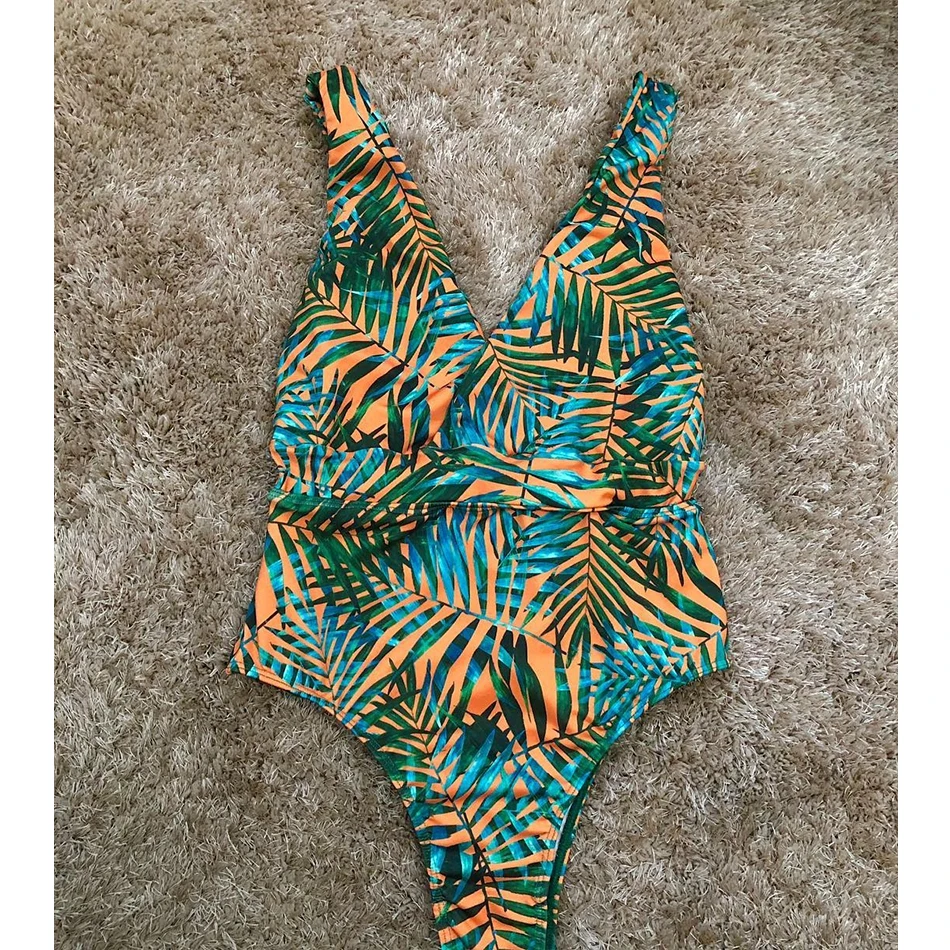 Тропический стиль цельный купальник для женщин с принтом листьев Купальники пуш-ап летний купальный костюм Глубокий V Монокини боди