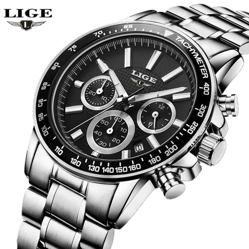

LIGE Stainless Steel Men Watches Multifunction Business Sport Chronograph Quartz Wrist Watch Men Clock Male relogio masculino