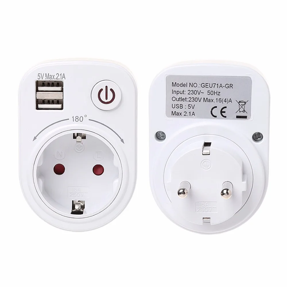 

Wall Charger Travel Adapter Electrical Socket With Dual USB Ports Power Switch