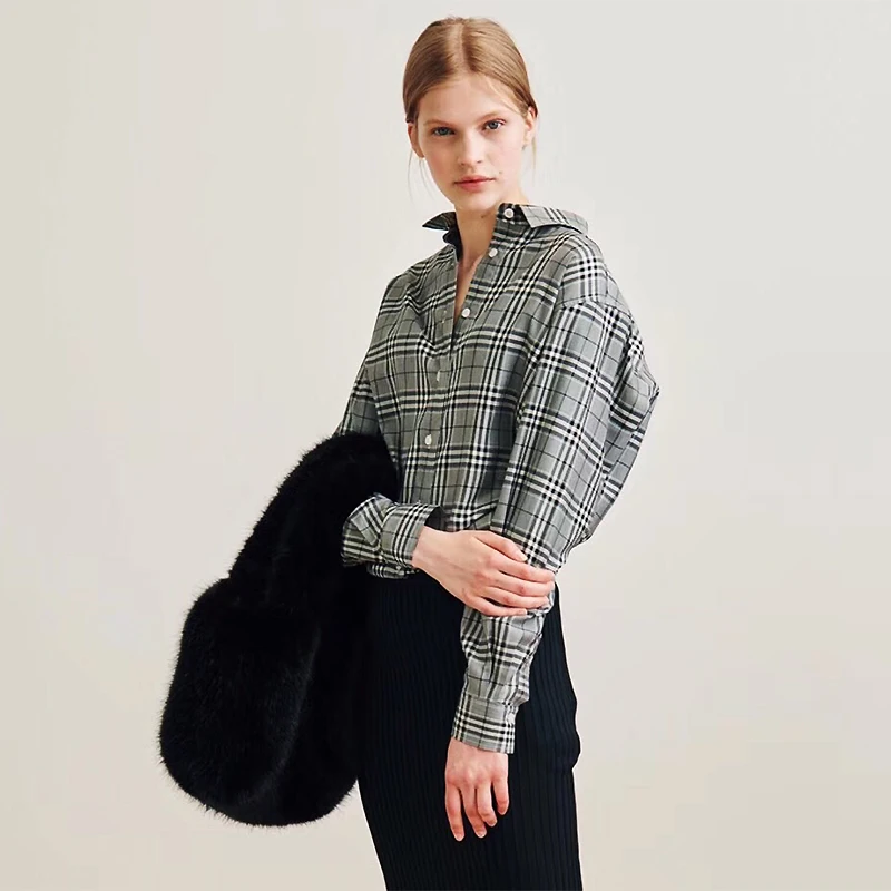 

2019 spring and summer blouse gray plaid shirt cotton retro loose niche design