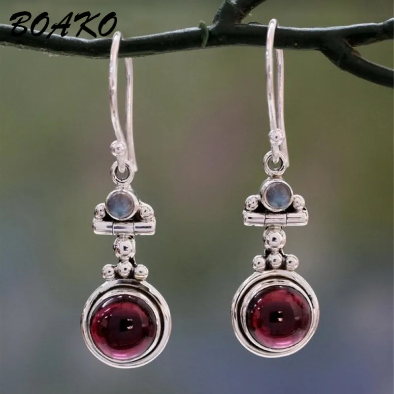 

BOAKO Vintage Boho Natural Stone Drop Earring Silver Red Rhinestone Pendant Earrings For Women Fashion Jewelry Pendientes