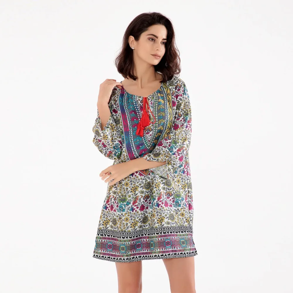 Платье с цветочным принтом Винтаж Boho свободные повседневные Прямые платья Для женщин узор пляжа сезон: весна–лето одежда vestidos BB4