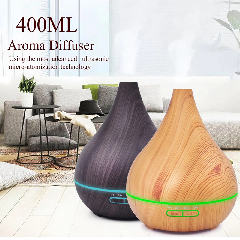 

400ml Wooden Air Humidifier PP Material Ultrasonic Aroma Essential Oil Diffuser Timing Setting Colorful Light Air Purifier